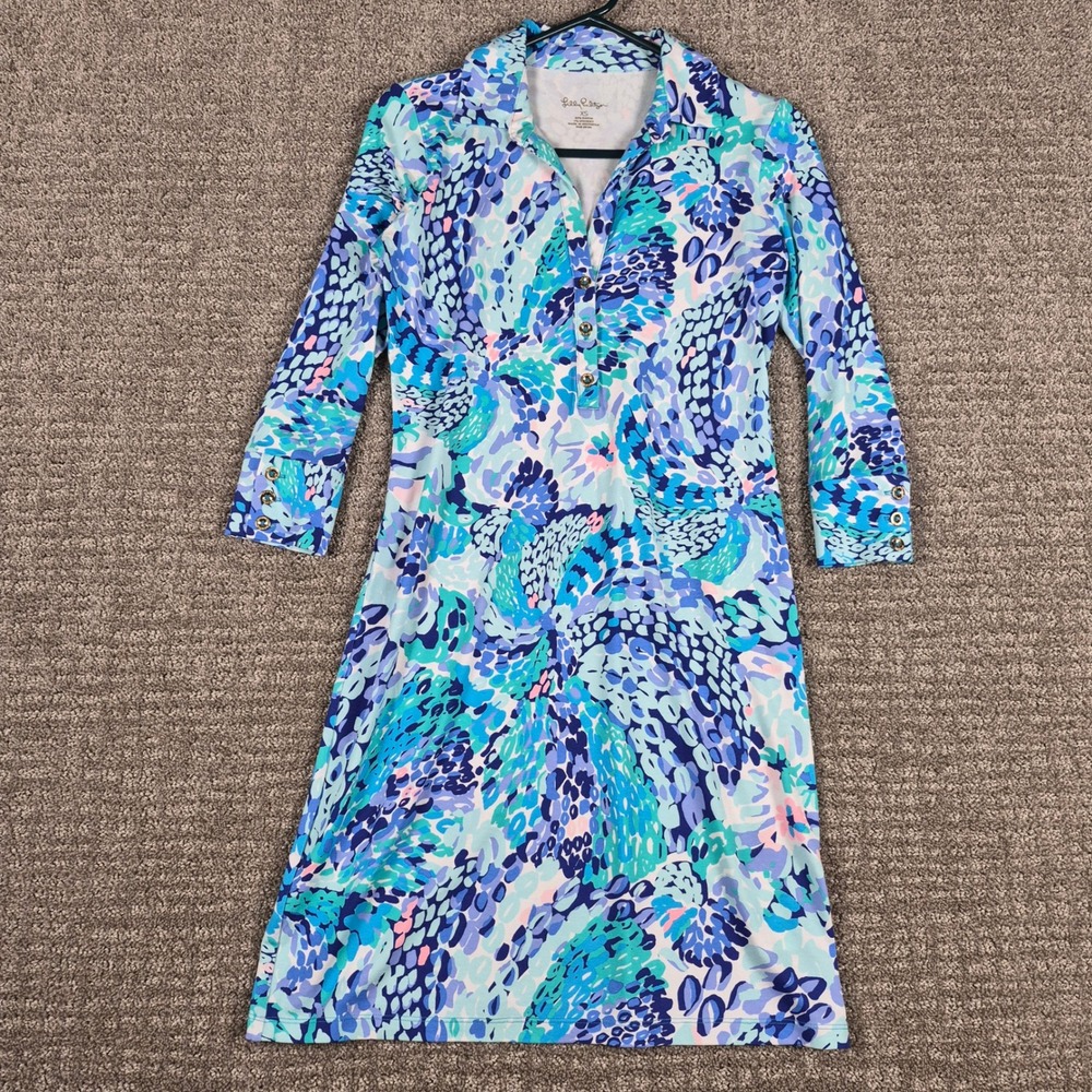Lilly Pulitzer Ansley Polo Dress Womens XS Blue Oasis Wave After Wave Shift